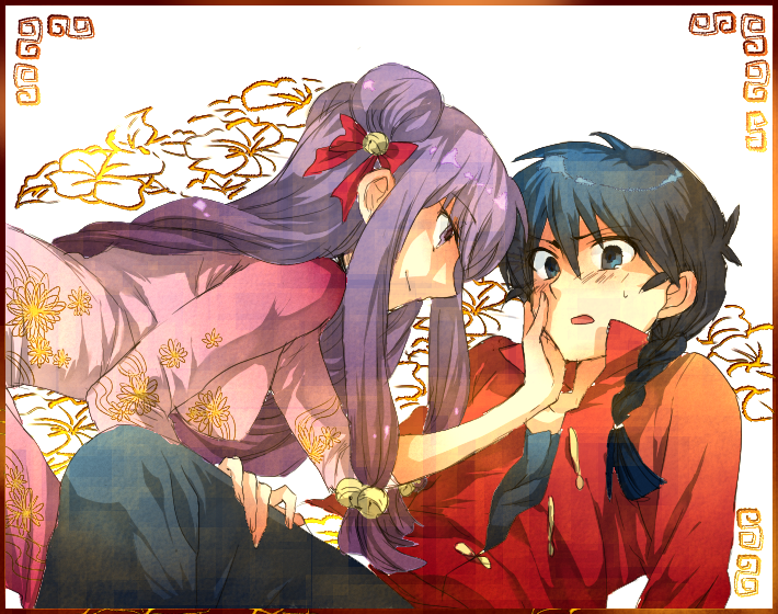 abaraya, mizutsuki, saotome ranma, shampoo (ranma 1/2), ranma 1/2, bad id, bad pixiv id, 1boy, 1girl, braid, chinese clothes, hand on another's cheek, hand on another's face, purple hair, single braid, tangzhuang