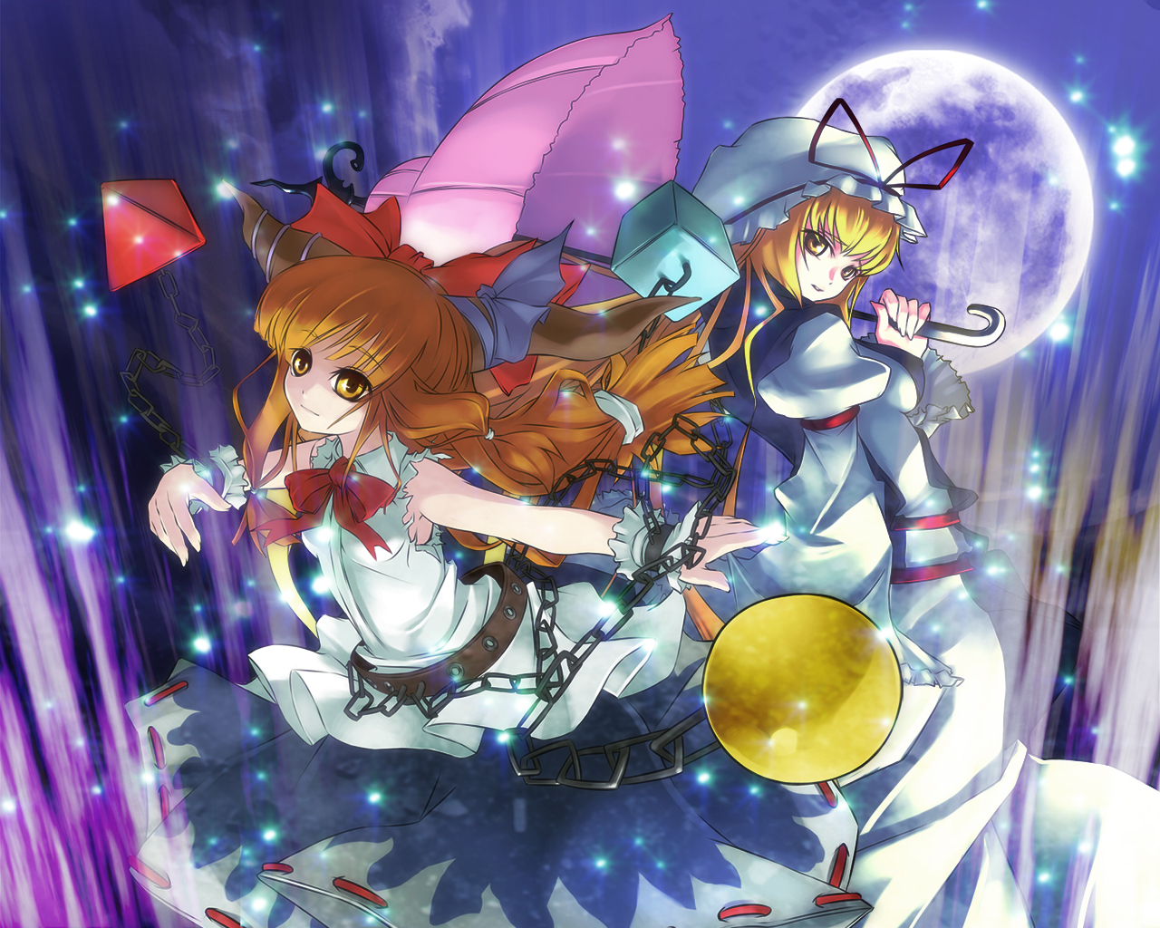 noya makoto, ibuki suika, yakumo yukari, touhou, 2girls, blonde hair, breasts, dress, female focus, hat, long hair, moon, multiple girls, orange hair, outdoors, parasol, sky, umbrella