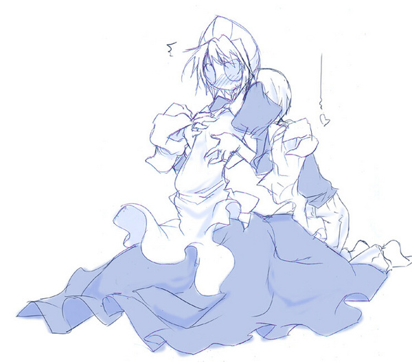 aoguu, 3m, futaba channel, nijiura, nijiura maids, 1boy, 1girl, apron, heart, maid, maid apron, monochrome, simple background, white background