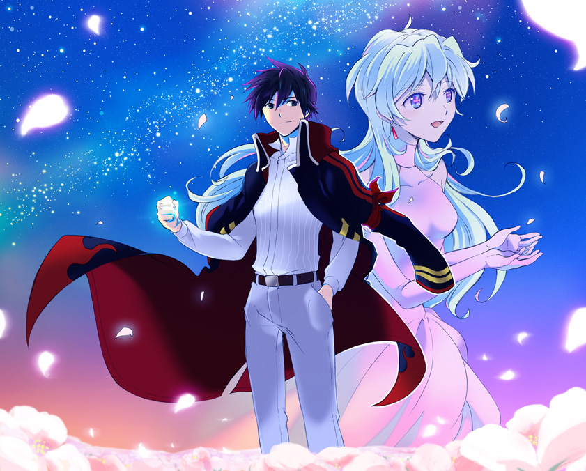 kizaki shin, nia teppelin, simon (ttgl), tengen toppa gurren lagann, tengen toppa gurren lagann: lagann-hen, 00s, 1boy, 1girl, belt, blue hair, coat, couple, dress, flower, glowing, hetero, petals, smile, space, star (symbol), trench coat, tuxedo, wedding, wedding dress