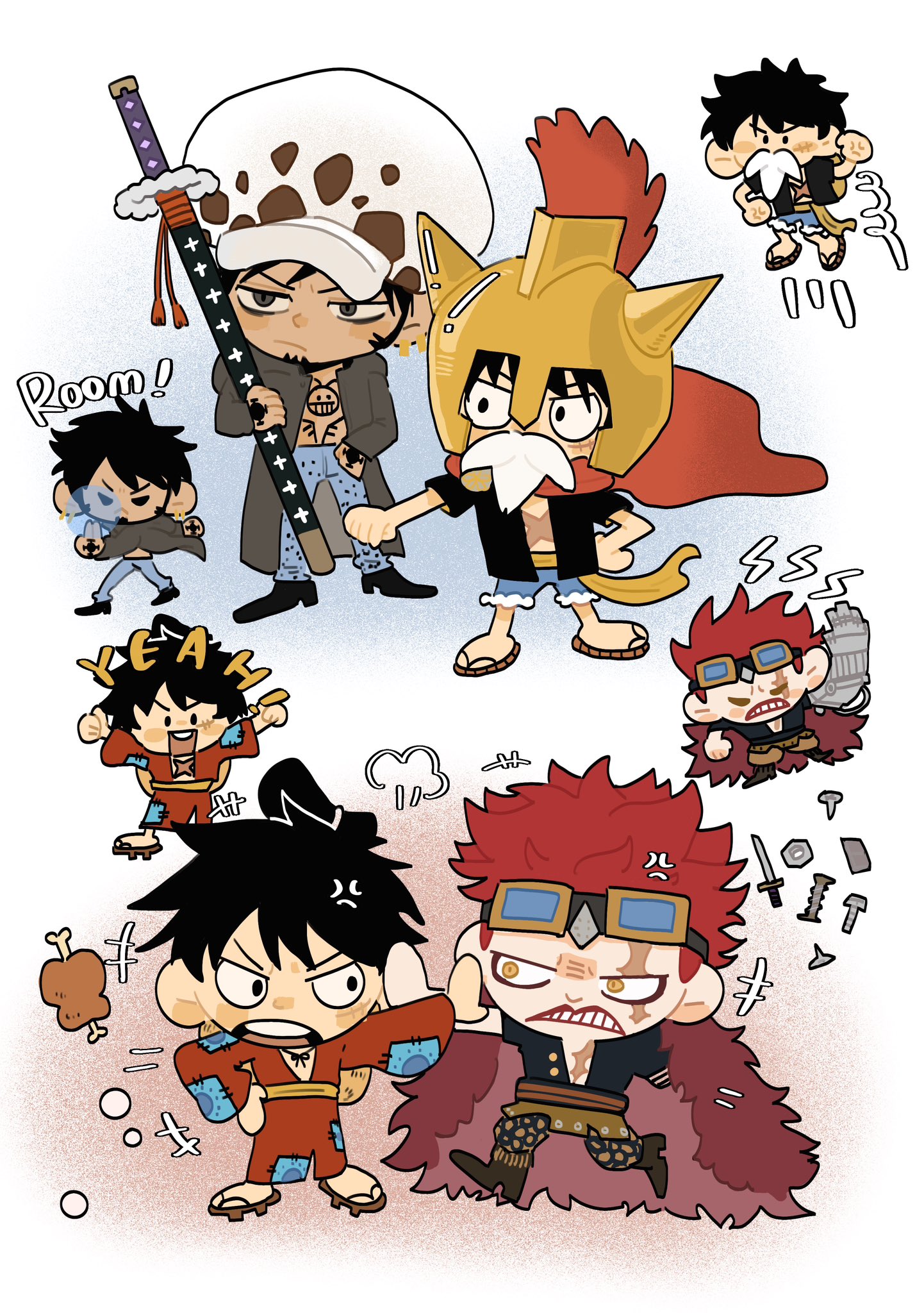 gangan233, eustass kid, monkey d. luffy, trafalgar law, one piece, commentary, highres, 3boys, anger vein, black hair, chibi, chonmage, coat, denim, earrings, facial hair, fake facial hair, fake mustache, fighting, food, goatee, goggles, goggles on head, hand on own hip, helmet, holding, holding sword, holding weapon, japanese clothes, jeans, jewelry, kimono, male focus, meat, mechanical arms, multiple boys, pants, red hair, red kimono, sandals, sash, scar, scar on face, short hair, single mechanical arm, smile, sword, teeth, topknot, upper teeth only, weapon, yellow sash