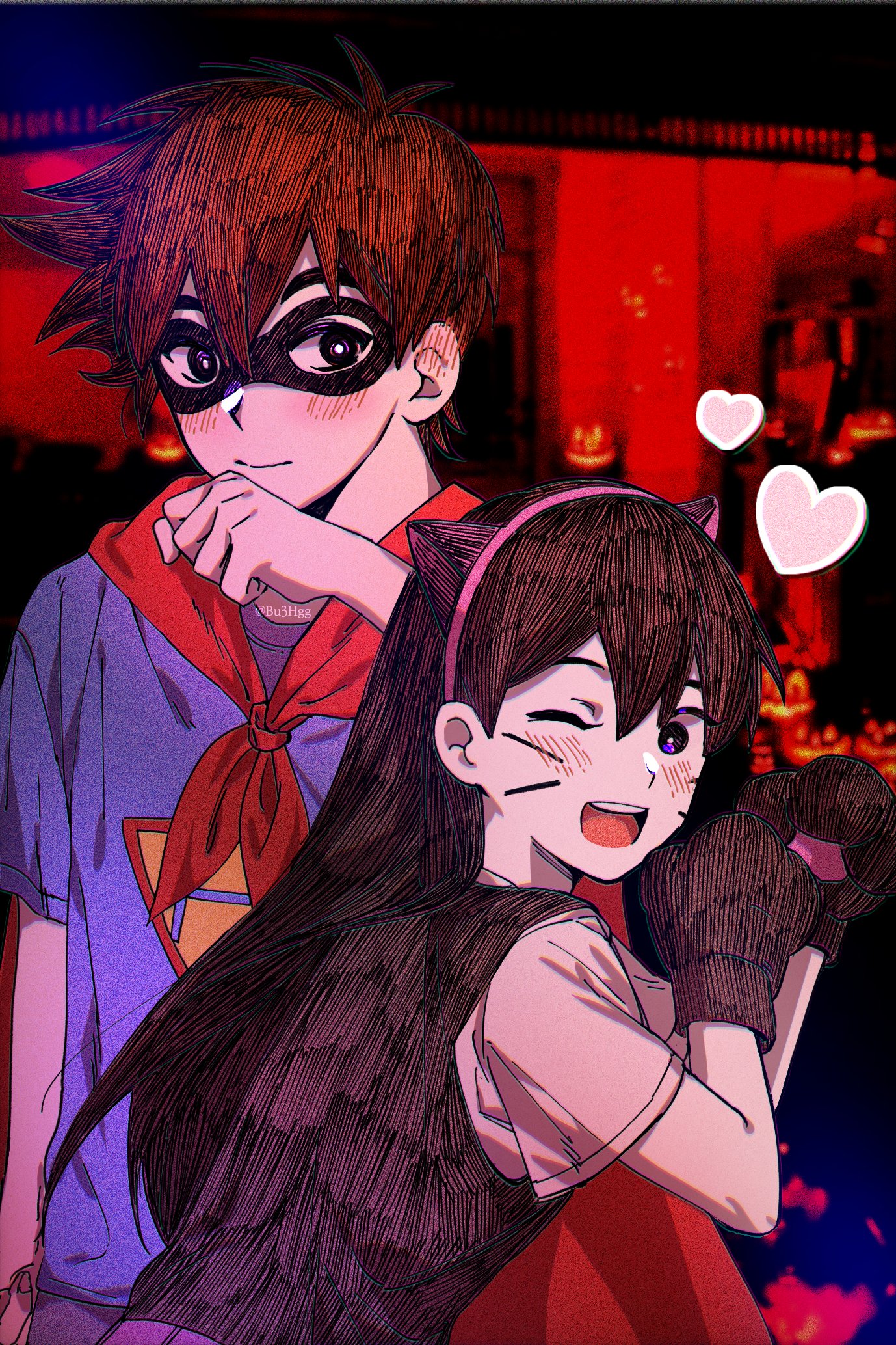 bu3hgg, hero (faraway) (omori), hero (omori), mari (faraway) (omori), mari (omori), omori, highres, 1boy, 1girl, alternate costume, animal ear hairband, animal ears, antenna hair, black eyes, black hair, black mask, black sweater vest, blue shirt, blurry, blurry background, blush, bright pupils, brown hair, cape, cat ear hairband, cat ears, closed mouth, collared shirt, domino mask, double-parted bangs, eye mask, facial mark, fake animal ears, hair between eyes, hairband, halloween costume, long hair, looking at viewer, mask, one eye closed, open mouth, photo background, red cape, shirt, short hair, short sleeves, smile, sweater vest, t-shirt, teeth, twitter username, upper teeth only, whisker markings, white pupils, white shirt