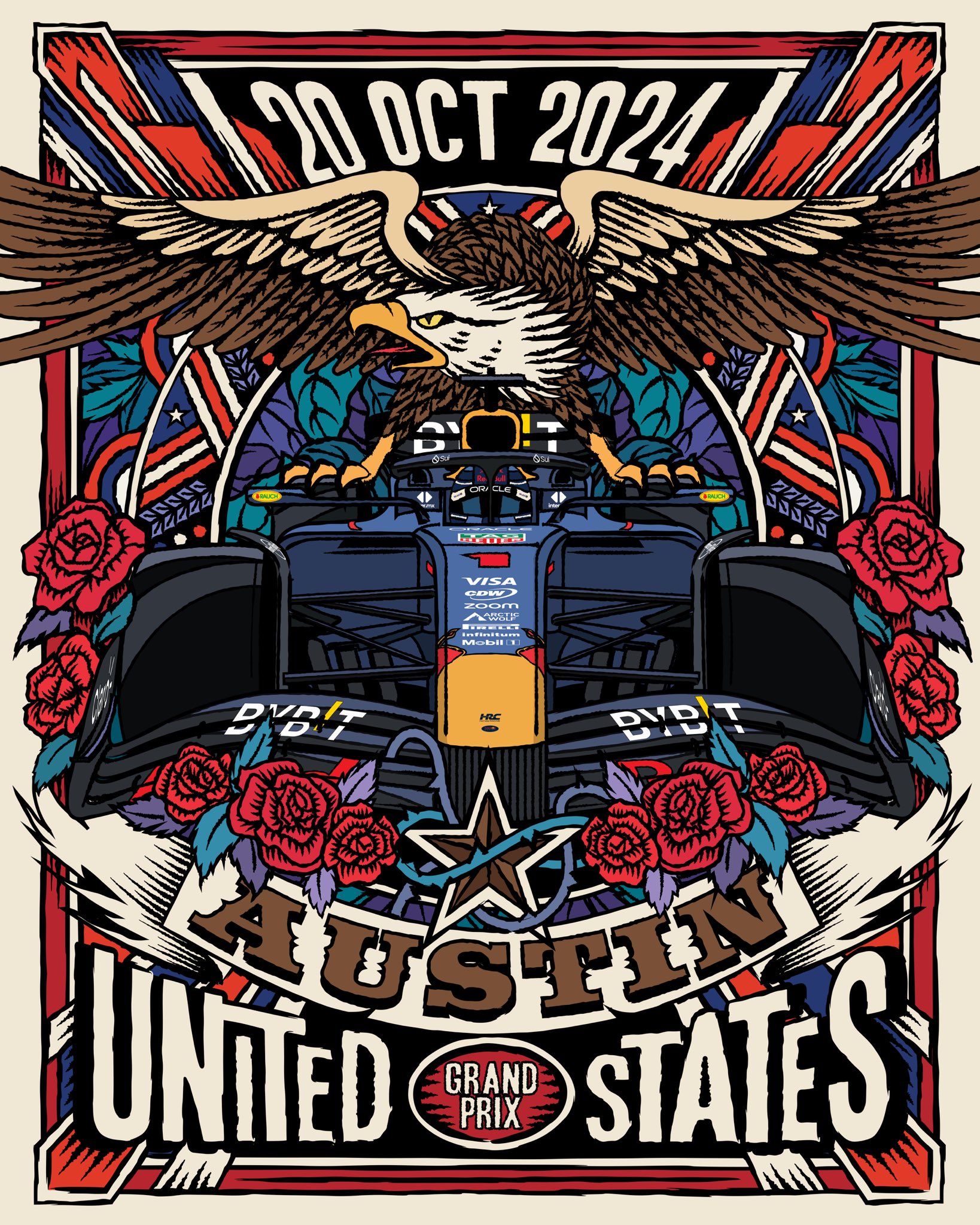 formula one, highres, vehicle request, bird, car, chuangraphics, eagle, english text, flower, motor vehicle, poster (medium), red flower, star (symbol), texas, united states