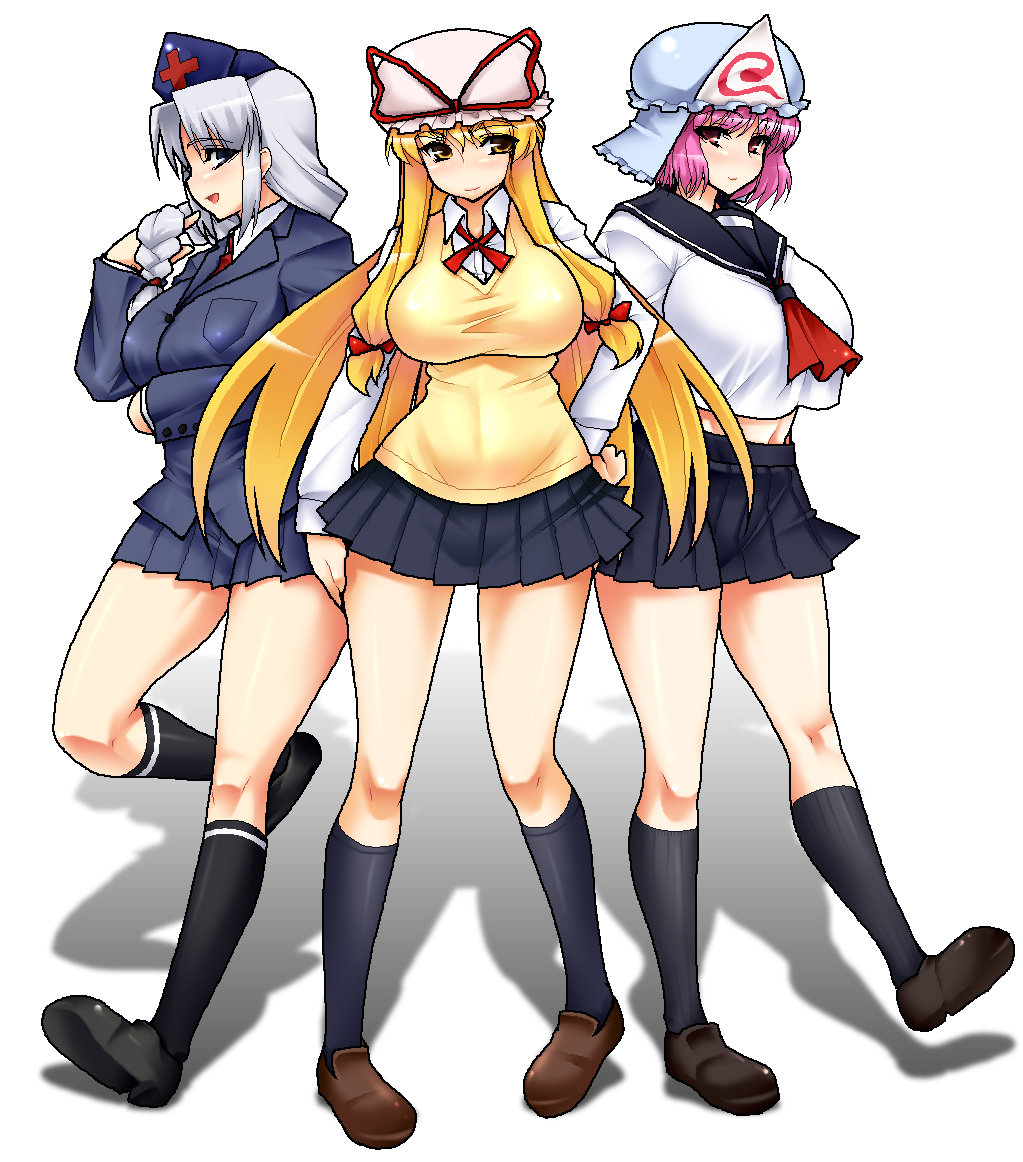namidame, saigyouji yuyuko, yagokoro eirin, yakumo yukari, touhou, silver hair, duplicate, non-web source, 3girls, alternate costume, blonde hair, breasts, female focus, grey eyes, hat, kneehighs, large breasts, legs, long hair, multiple girls, pink eyes, pink hair, ribbon, school uniform, short hair, skirt, socks, yellow eyes