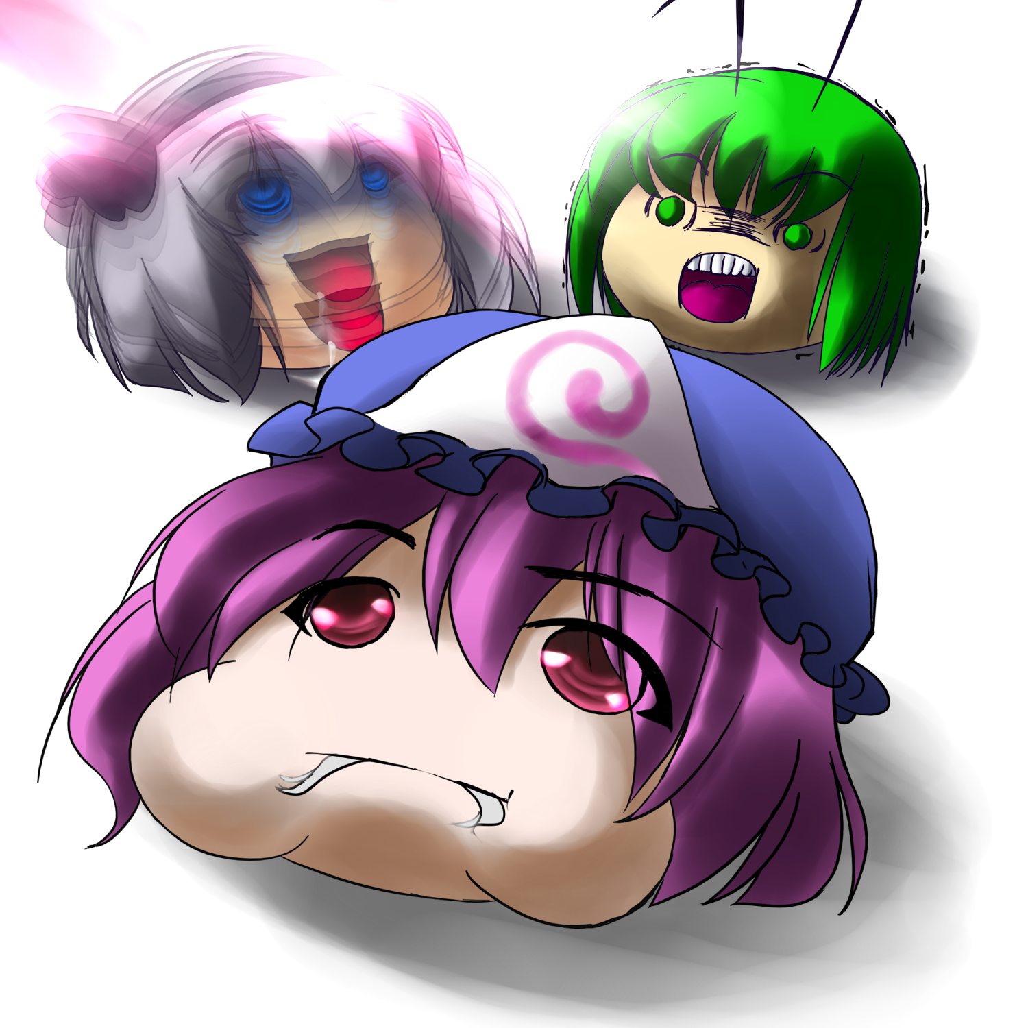 shiromiza kana, konpaku youmu, konpaku youmu (ghost), saigyouji yuyuko, wriggle nightbug, touhou, silver hair, highres, 3girls, blue eyes, eating, female focus, green eyes, green hair, hairband, hat, multiple girls, pink hair, red eyes, saliva, short hair, yukkuri shiteitte ne