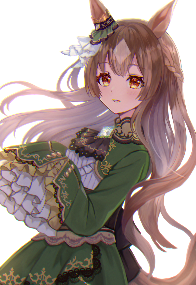sarasa kouhaku, satono diamond (natural brilliance) (umamusume), satono diamond (umamusume), umamusume, commentary request, 1girl, animal ears, ascot, blush, braid, brown ascot, brown eyes, brown hair, cowboy shot, dress, ear ornament, frilled sleeves, frills, green dress, hair between eyes, half updo, horse ears, horse girl, horse tail, long hair, long sleeves, looking at viewer, multicolored hair, parted lips, shirt, simple background, skirt, sleeves past fingers, sleeves past wrists, smile, solo, tail, white background, white hair, white shirt