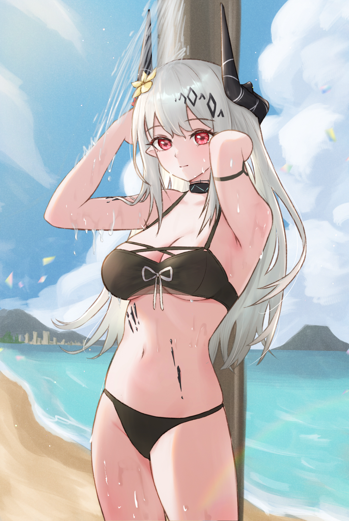 runyo (yale12312), infection monitor (arknights), mudrock (arknights), mudrock (silent night) (arknights), arknights, chinese commentary, commentary request, highres, partial commentary, 1girl, arms up, beach, bikini, black bikini, black horns, breasts, cleavage, closed mouth, cowboy shot, day, flower, grey hair, hair flower, hair ornament, hands in own hair, horns, lens flare, light smile, long hair, looking at viewer, material growth, medium breasts, navel, official alternate costume, oripathy lesion (arknights), outdoors, red eyes, showering, solo, standing, swimsuit, water, wet, yellow flower