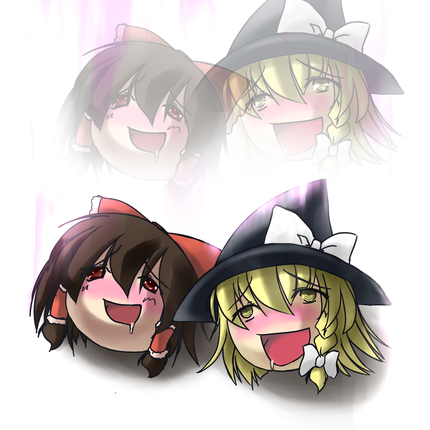 gin kagami, shiromiza kana, hakurei reimu, kirisame marisa, touhou, highres, blonde hair, blush, braid, brown hair, drugged, drunk, female focus, hat, no humans, red eyes, ribbon, saliva, short hair, stoned, witch, witch hat, yellow eyes, yukkuri shiteitte ne