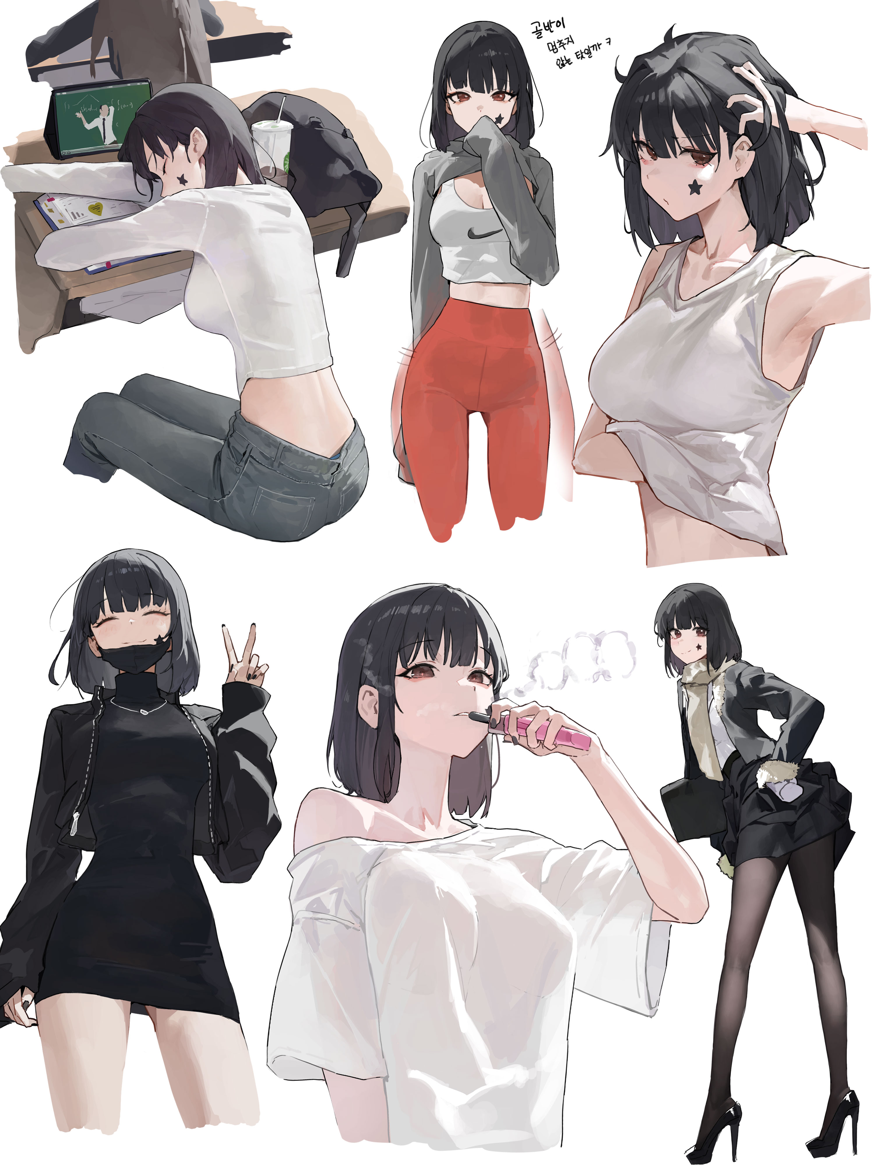 mac star, original, absurdres, highres, translation request, 1girl, bag, black dress, black hair, black jacket, black nails, black pantyhose, black skirt, blowing smoke, breasts, brown eyes, closed eyes, closed mouth, cup, disposable cup, dress, electronic cigarette, facial mark, grey pants, grey scarf, jacket, korean text, large breasts, medium hair, multiple views, orange pants, pants, pantyhose, scarf, shirt, skirt, sleeping, smile, smoke, smoking, star (symbol), star facial mark, table, tablet pc, tank top, turtleneck, turtleneck dress, v, vaping, white background, white shirt, white tank top, yoga pants