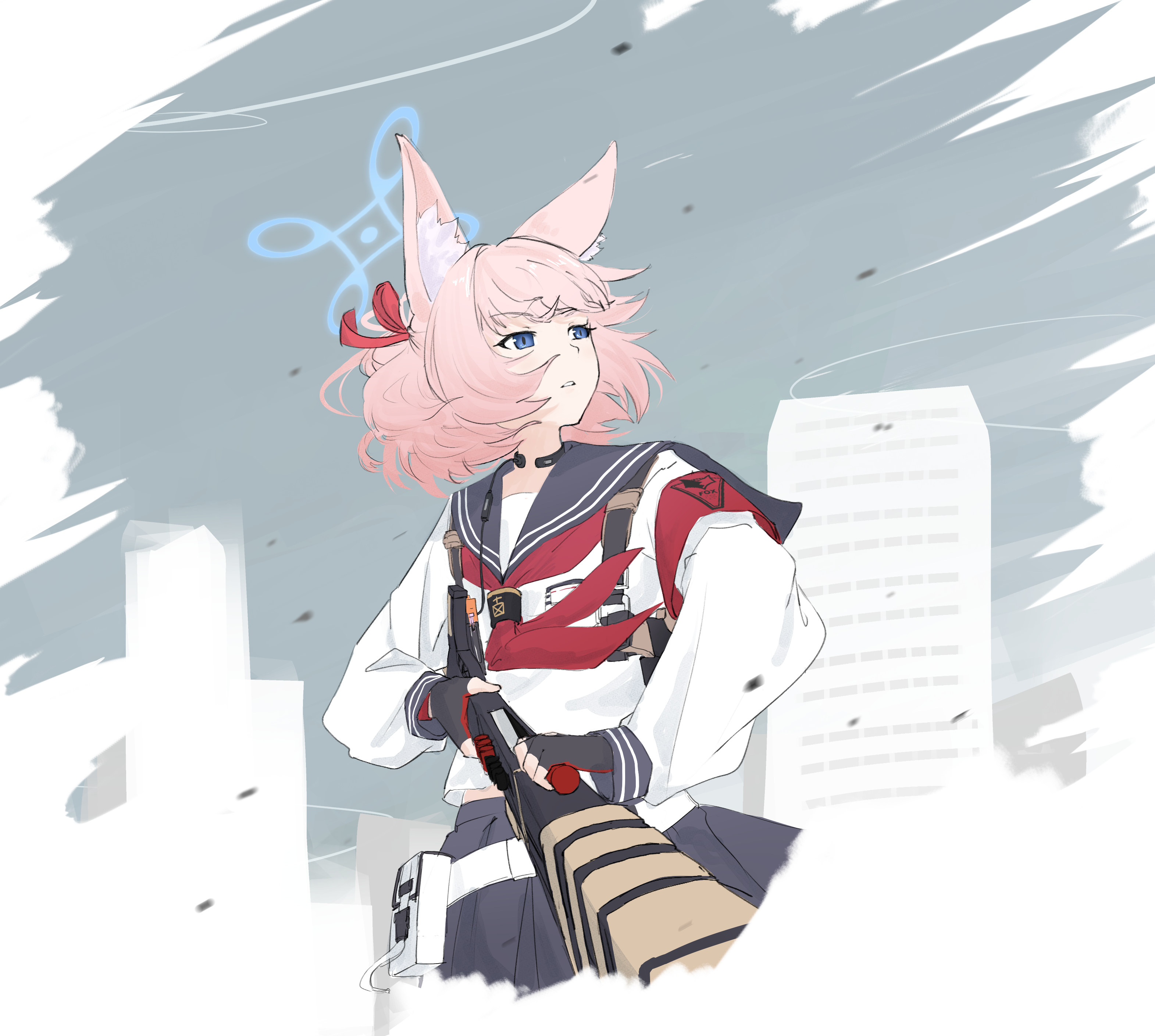 sueoki makura, niko (blue archive), blue archive, absurdres, commentary request, highres, 1girl, armband, benelli m3, black gloves, black sailor collar, black skirt, blue eyes, blue halo, cowboy shot, fighting stance, fingerless gloves, floating hair, gloves, gun, hair ribbon, half updo, halo, holding, holding gun, holding weapon, long sleeves, looking to the side, medium hair, neckerchief, outdoors, parted lips, pink hair, pleated skirt, red armband, red neckerchief, red ribbon, reloading, ribbon, sailor collar, school uniform, serafuku, shirt, shotgun, shotgun shell, sketch, skirt, solo, tactical school uniform, weapon, white shirt, wind