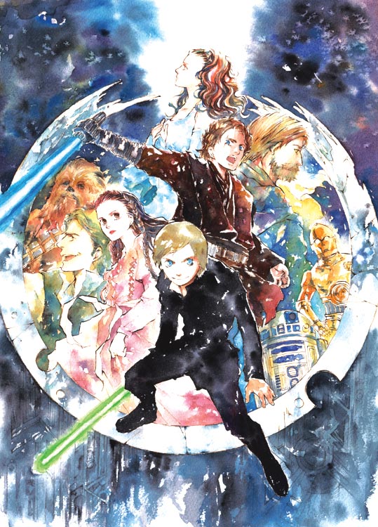 sugimoto san, sugimotosan, anakin skywalker, astromech droid, c-3po, carrie fisher, chewbacca, han solo, harrison ford, luke skywalker, mark hamill, obi-wan kenobi, padme amidala, princess leia, r2-d2, star wars, bad id, bad pixiv id, 2girls, 4boys, alien, animification, beard, blonde hair, blue eyes, blue lightsaber, braid, brown eyes, brown hair, dress, energy sword, everyone, facial hair, lightsaber, long hair, multiple boys, multiple girls, robot, short hair, sword, time paradox, weapon, wookiee