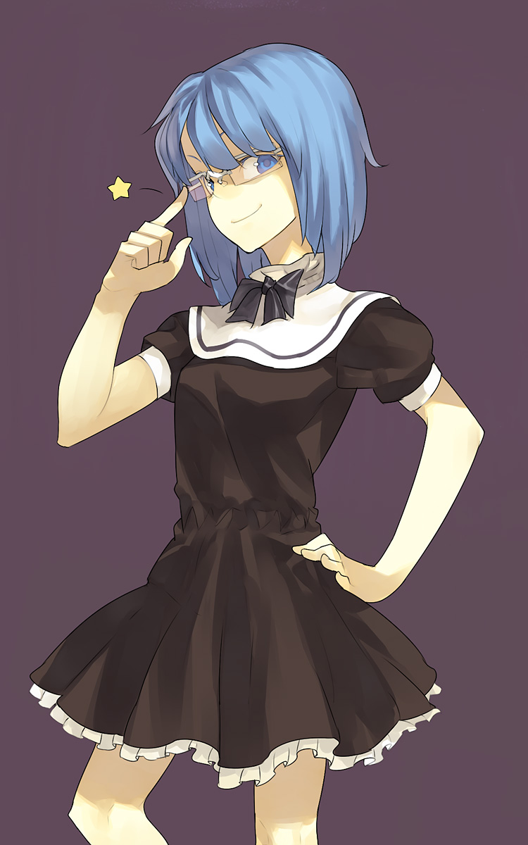 hama (22ji kara 24ji), original, highres, adjusting eyewear, blue eyes, blue hair, dress, glasses, hand on own hip, hip focus, ribbon, short hair, simple background, smile, solo