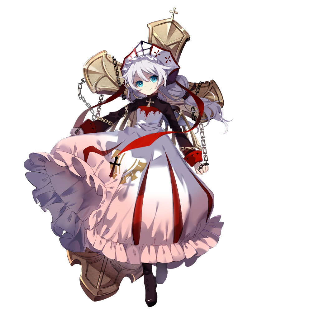 theresa apocalypse, theresa apocalypse (benghuai xueyuan), benghuai xueyuan, honkai (series), official art, 1girl, blue eyes, boots, brown boots, chain, closed mouth, full body, holding, holding chain, long hair, nun, oath of judah, rosary, smile, solo, white hair