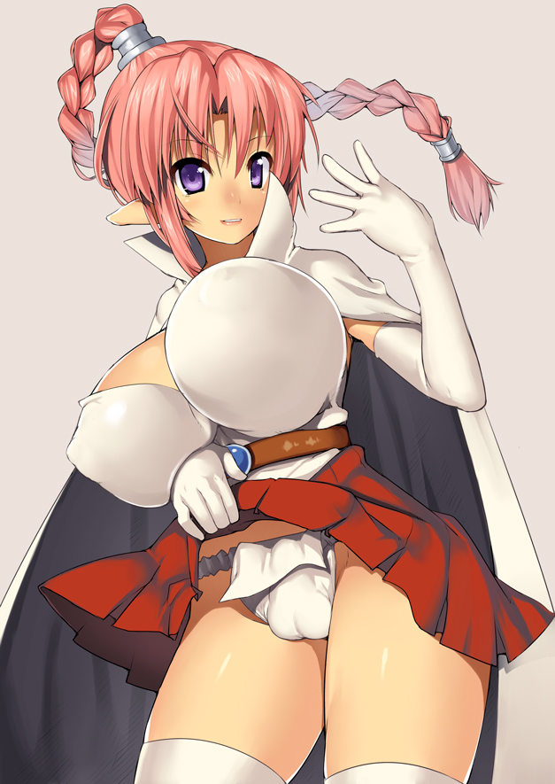 nagase haruhito, flea (chrono trigger), chrono (series), chrono trigger, square enix, bad id, bad pixiv id, 1990s (style), 1futa, braid, breasts, bulge, cape, clothes lift, elbow gloves, from below, fundoshi, futanari, gloves, grin, huge breasts, japanese clothes, long hair, looking at viewer, miniskirt, panties, pink hair, pointy ears, purple eyes, retro artstyle, shiny clothes, shiny skin, skirt, skirt lift, smile, solo, testicles, thighhighs, underwear, upskirt, white gloves