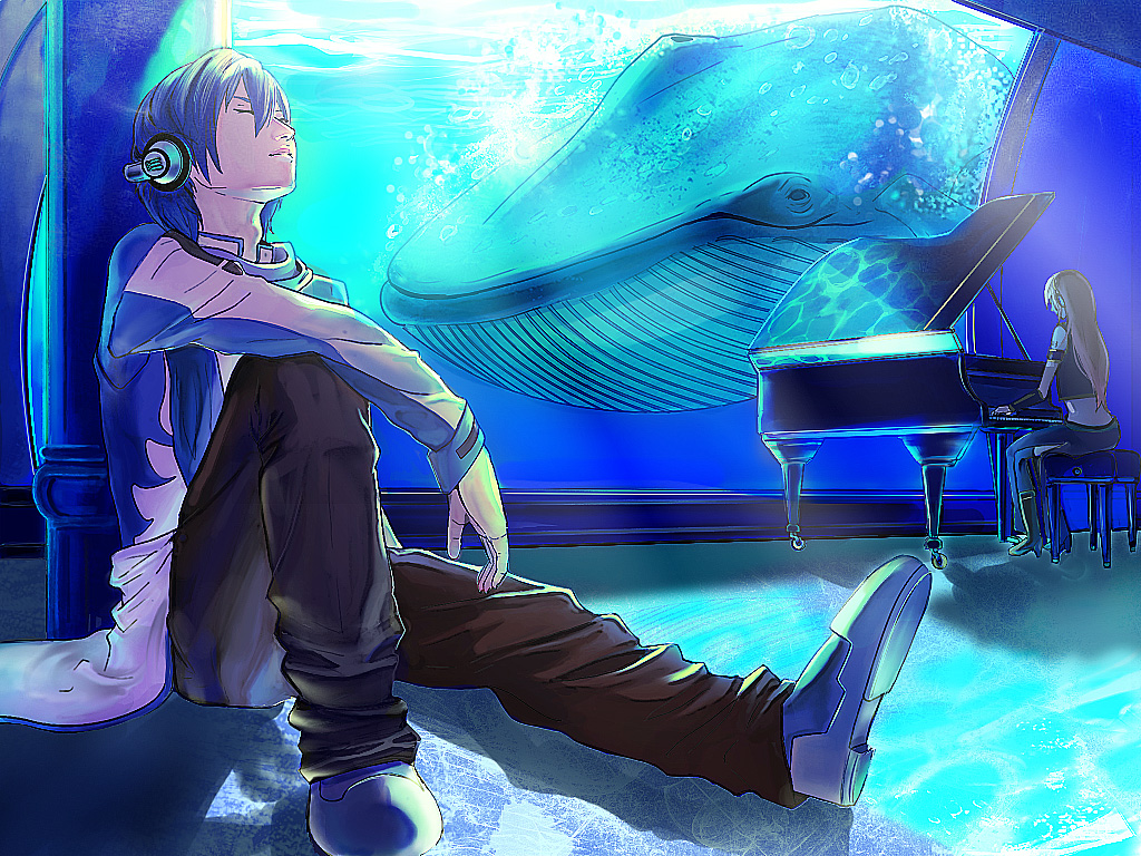 liran (iro), ranmaru (iro), kaito (vocaloid), megurine luka, vocaloid, bad id, bad pixiv id, 1boy, 1girl, blue hair, closed eyes, headphones, instrument, long hair, midriff, piano, piano bench, pink hair, scarf, sitting, whale