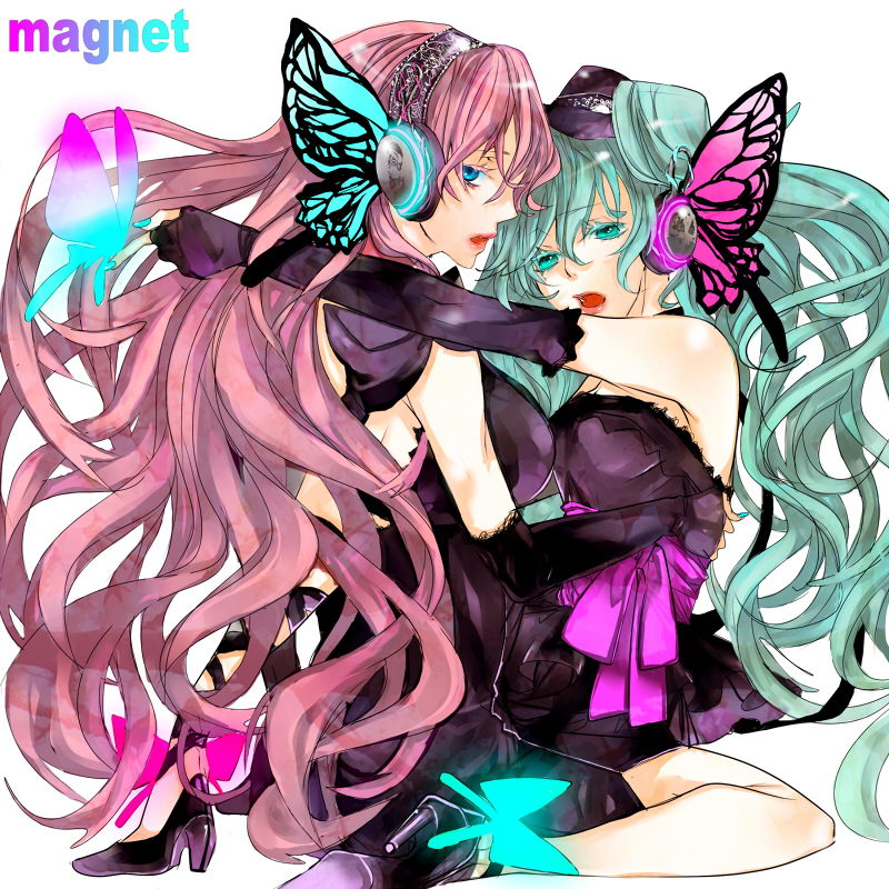 hakuk, hatsune miku, megurine luka, magnet (vocaloid), vocaloid, bad id, bad pixiv id, 2girls, aqua nails, blue eyes, bug, butterfly, butterfly wings, dress, elbow gloves, fingerless gloves, gloves, green eyes, green hair, hat, headphones, insect, insect wings, long hair, mini hat, mini top hat, multiple girls, nail polish, pink hair, top hat, wings, yuri