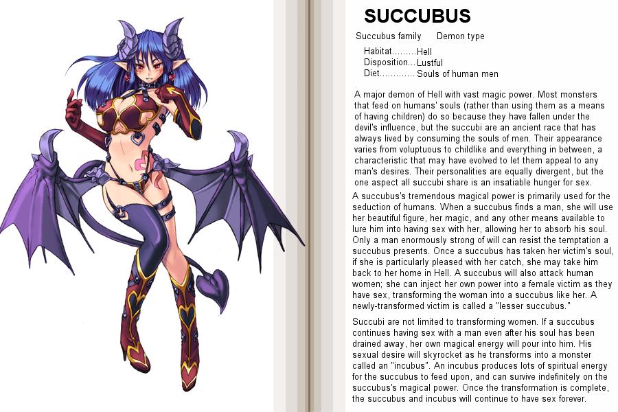 kenkou cross, succubus (monster girl encyclopedia), monster girl encyclopedia, hard-translated, official art, third-party edit, translated, 1girl, blue hair, character profile, demon girl, english text, monster girl, thighhighs