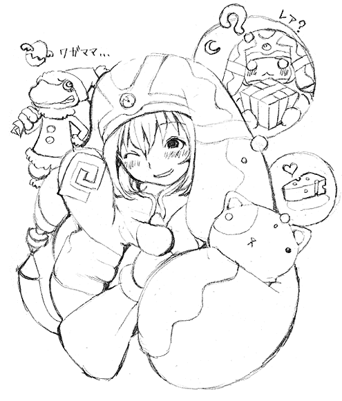 sango (53box), mireille (.hack//), .hack//, .hack//tasogare no udewa densetsu, bandai, cyber connect 2, questionmark, 00s, 1girl, ?, blush, cheese, chibi, food, gift, greyscale, hat, monochrome, one eye closed, pointing, smile, stuffed toy, wink
