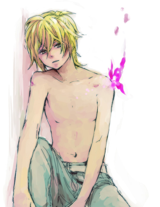 kuwahara souta, so (artist), kagamine len, migikata no chou (vocaloid), vocaloid, bad id, 1boy, blonde hair, bug, butterfly, green eyes, male focus, solo, topless male