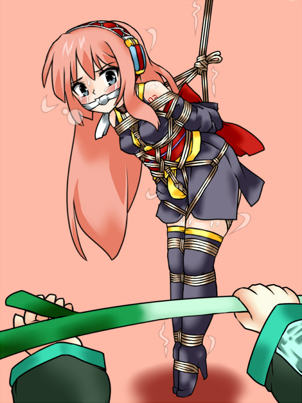 lilish, hatsune miku, megurine luka, vocaloid, 1girl, bdsm, blue eyes, bondage, boots, bound, choker, crotch rope, detached sleeves, gag, gagged, headset, high heels, long hair, pink hair, pov, scared, shibari, shibari over clothes, solo focus, spring onion, sweat, tears, thighhighs, very long hair, you gonna get raped