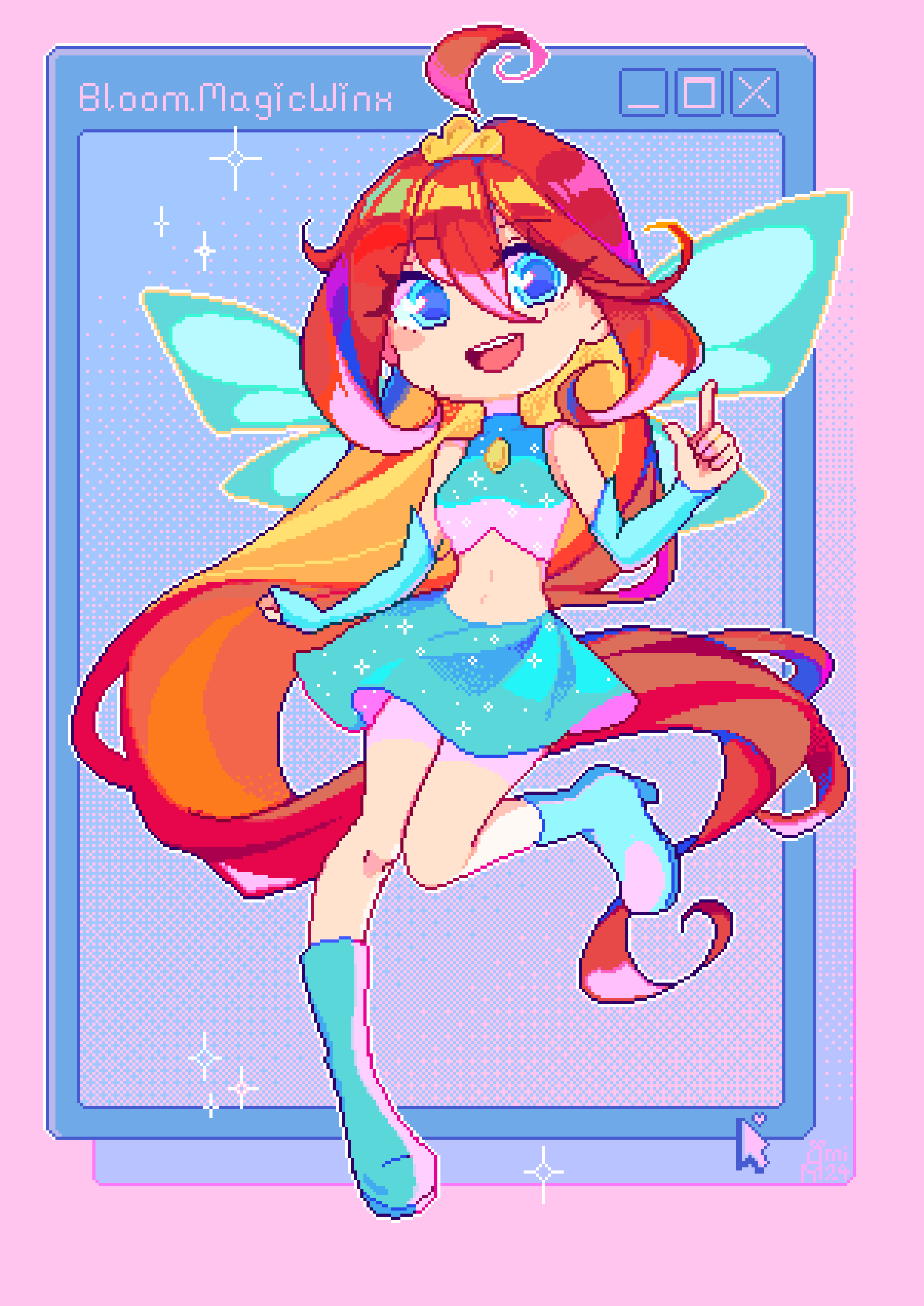 mimichair, bloom (winx club), winx club, absurdres, commentary, english commentary, highres, 1girl, absurdly long hair, ahoge, bare shoulders, blue arm warmers, blue boots, blue eyes, blue shirt, blue skirt, blue wings, blush stickers, boots, character name, chest jewel, colored inner hair, crop top, eyelashes, eyes visible through hair, fairy, fairy wings, floating clothes, full body, gem, glitter, hair between eyes, happy, high heel boots, high heels, knees, leg up, long hair, long hair between eyes, looking at viewer, magical girl, midriff, miniskirt, multicolored hair, navel, open mouth, orange hair, outline, pink background, pixel art, red hair, shirt, skirt, skirt set, sleeveless, sleeveless shirt, smile, solo, sparkle, standing, teeth, turtleneck, turtleneck shirt, two-tone hair, upper teeth only, very long hair, wavy hair, white outline, window (computing), wings, yellow gemstone