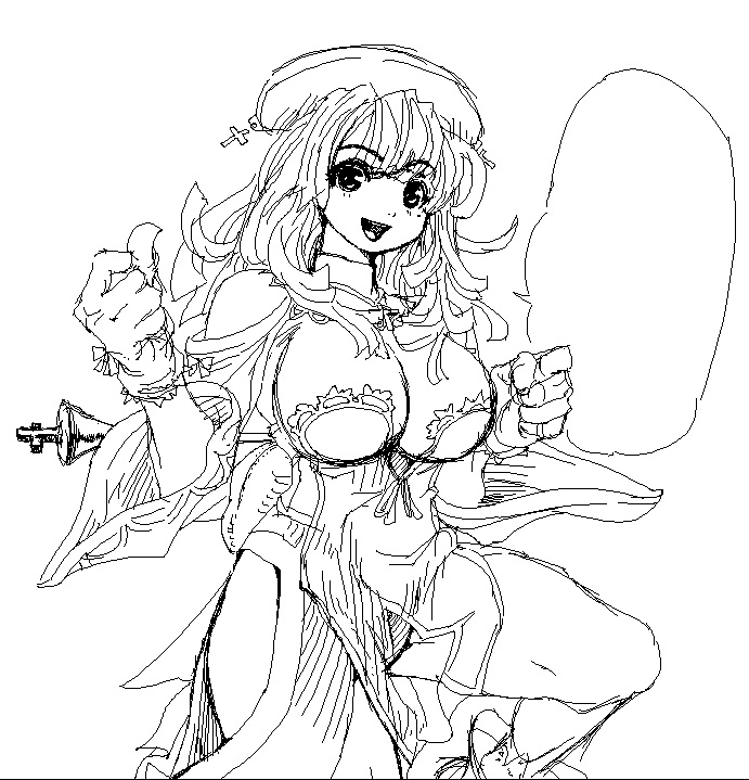 yakibuta (shimapow), prier, la pucelle, nippon ichi, 1girl, bare shoulders, blank speech bubble, breasts, cross, female focus, gloves, greyscale, hat, huge breasts, large breasts, mole, mole under eye, monochrome, oekaki, panties, ribbon, smile, solo, speech bubble, staff, thighs, thought bubble, underwear