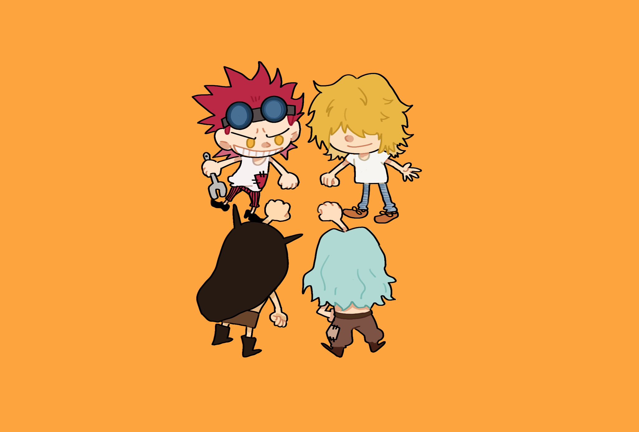 gangan233, eustass kid, heat (one piece), killer (one piece), wire (one piece), one piece, highres, 4boys, aged down, blonde hair, blue hair, boots, brown pants, chibi, clenched hand, hair over eyes, long hair, male focus, multiple boys, orange background, pants, red hair, simple background, smile, spiked hair, striped clothes, striped pants, vertical-striped clothes, vertical-striped pants, yellow eyes
