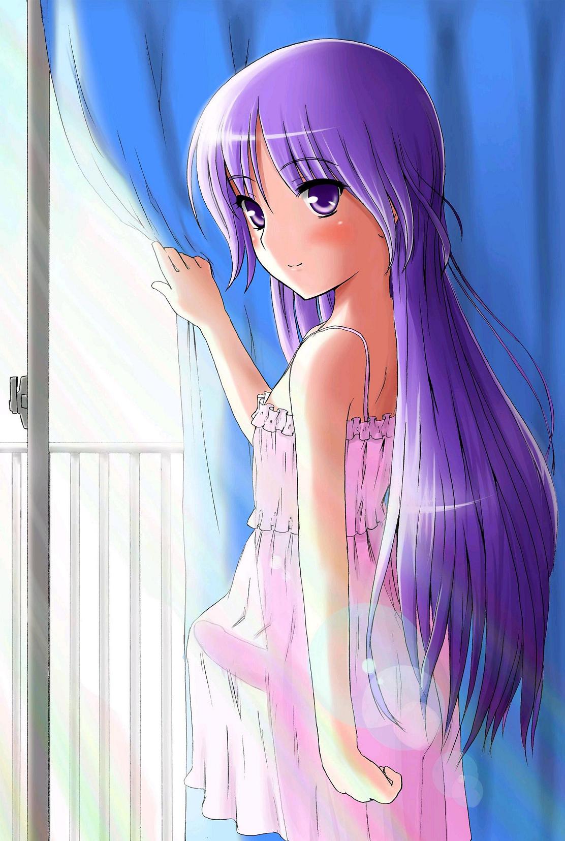 takebi, watarase jun, happiness!, highres, 00s, 1boy, androgynous, blush, bulge, chemise, crossdressing, crossdressing (mtf), erection, erection under clothes, lingerie, long hair, no panties, penis, purple eyes, purple hair, see-through clothes, shota, skirt, trap, underwear, window