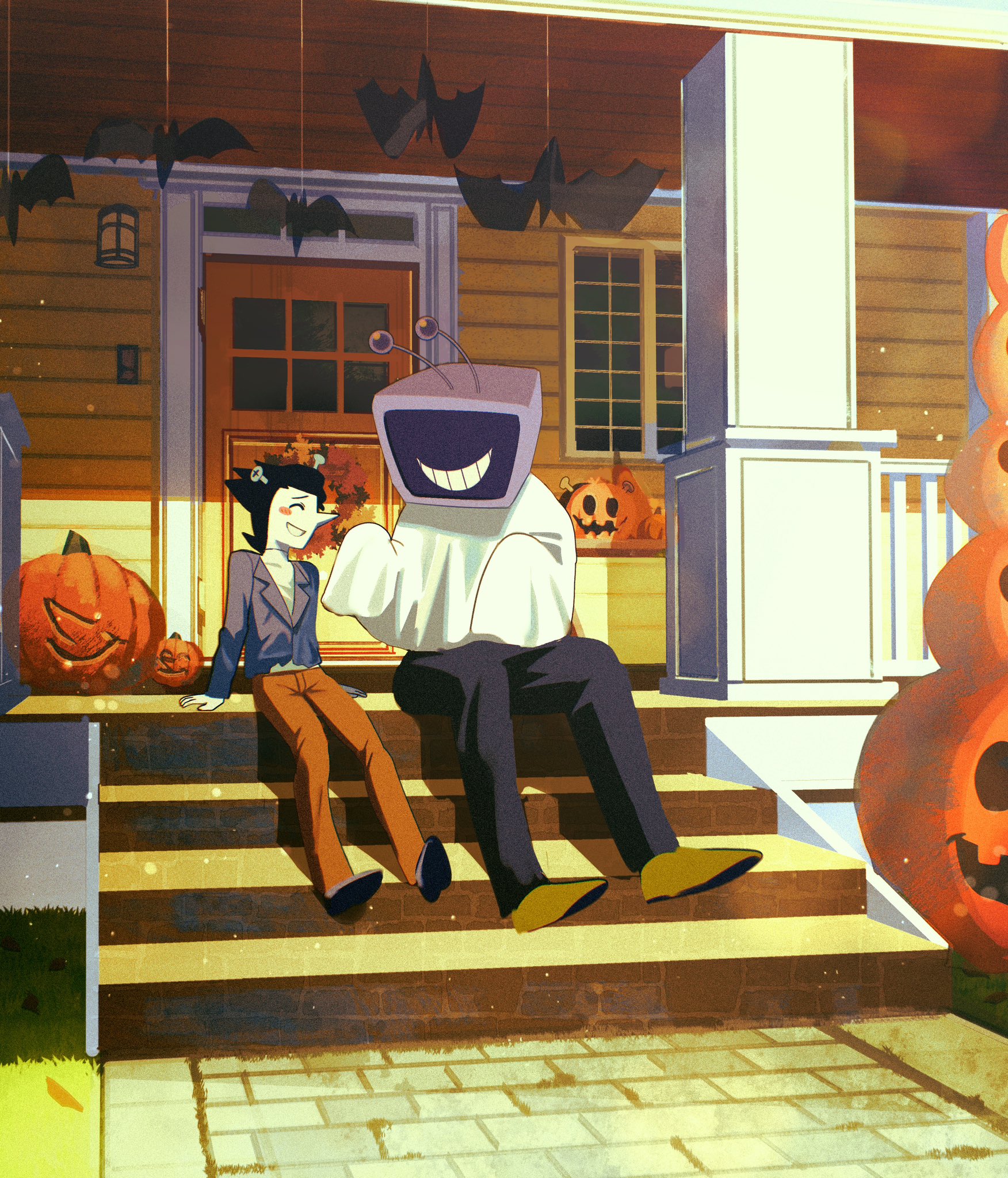 ant tenna, spamton g. spamton, spamton g. spamton (big shot), deltarune, utdr (toby fox), highres, 2boys, bat ornament, black hair, black pants, blush stickers, closed eyes, colored skin, crt, door, full body, grass, house, jacket, lens flare, male focus, multiple boys, object head, orange pants, outdoors, pants, pointy nose, pumpkin, radio antenna, screw hair ornament, shirt, shoes, short hair, single blush sticker, sitting, stairs, valve core, white shirt, white skin, yellow shoes