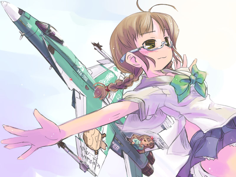 mtr, akizuki ritsuko, f-18, ace combat, idolmaster, idolmaster (classic), 00s, 1girl, aircraft, airplane, antenna hair, company connection, f/a-18e, female focus, fighter jet, glasses, itasha, military, military vehicle, panties, pantyshot, petticoat, solo, underwear, vehicle focus