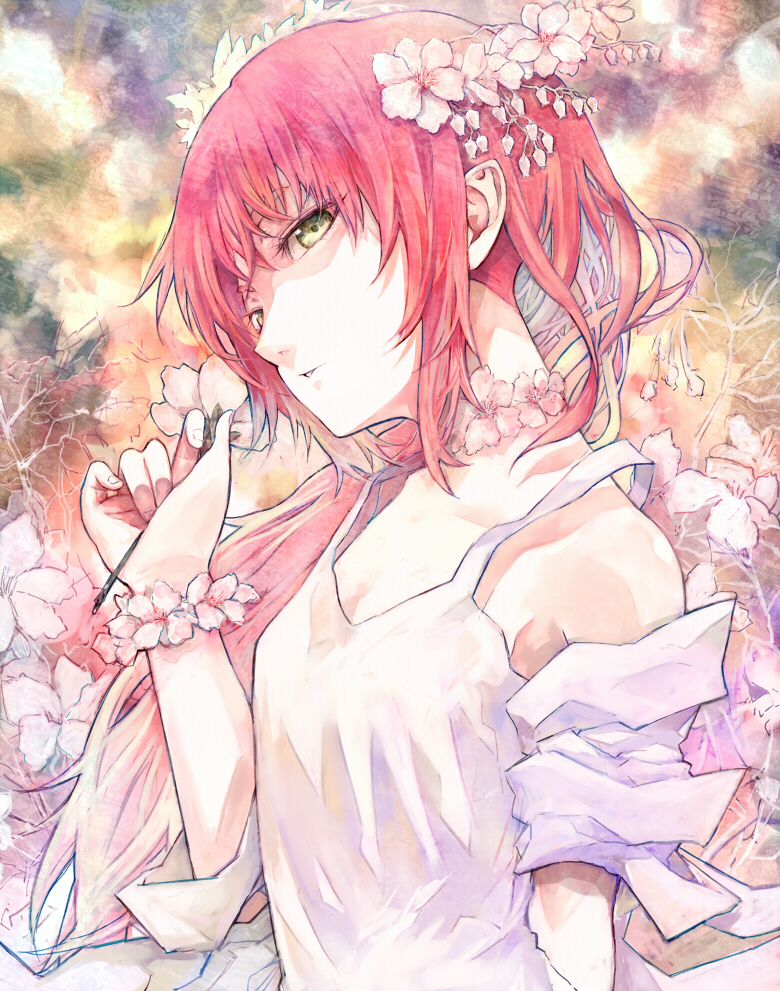 shrimpman, original, 1girl, bare shoulders, bracelet, collar, dress, expressionless, female focus, flower, hair flower, hair ornament, head tilt, jewelry, long hair, looking at viewer, parted lips, pink hair, pointy ears, solo, yellow eyes