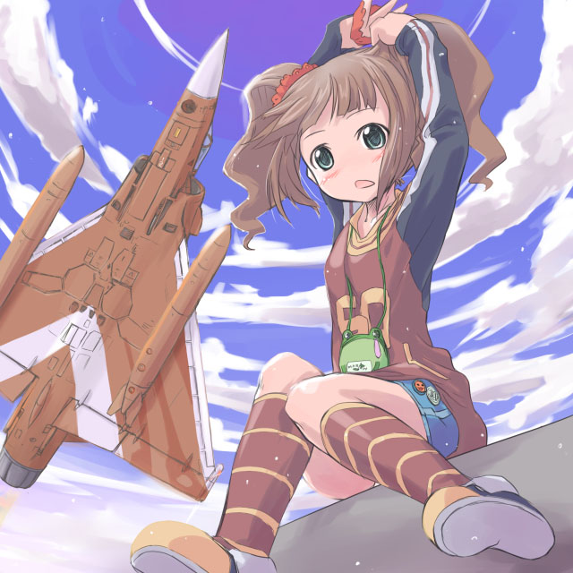 mtr, takatsuki yayoi, ace combat, idolmaster, idolmaster (classic), 00s, 1girl, aircraft, airplane, alternate costume, brown hair, casual, child, company connection, female focus, fighter jet, military, military vehicle, mirage2000-5, mirage 2000, solo