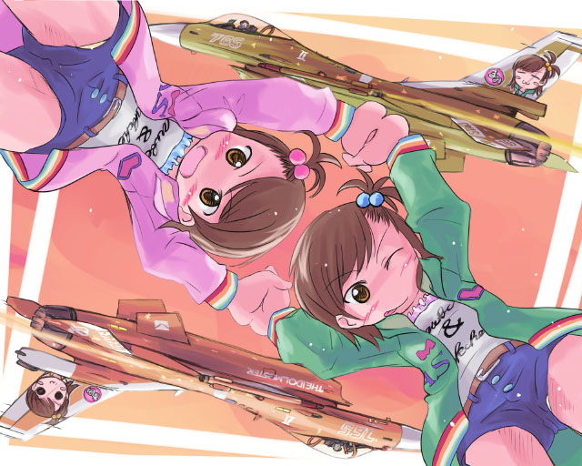 mtr, f-16, futami ami, futami mami, ace combat, idolmaster, idolmaster (classic), 00s, 2girls, :3, aircraft, airplane, child, company connection, female focus, fighter jet, from below, holding hands, itasha, jojifuku, military, military vehicle, mitsubishi f-2, multiple girls, one eye closed, siblings, sisters, twins