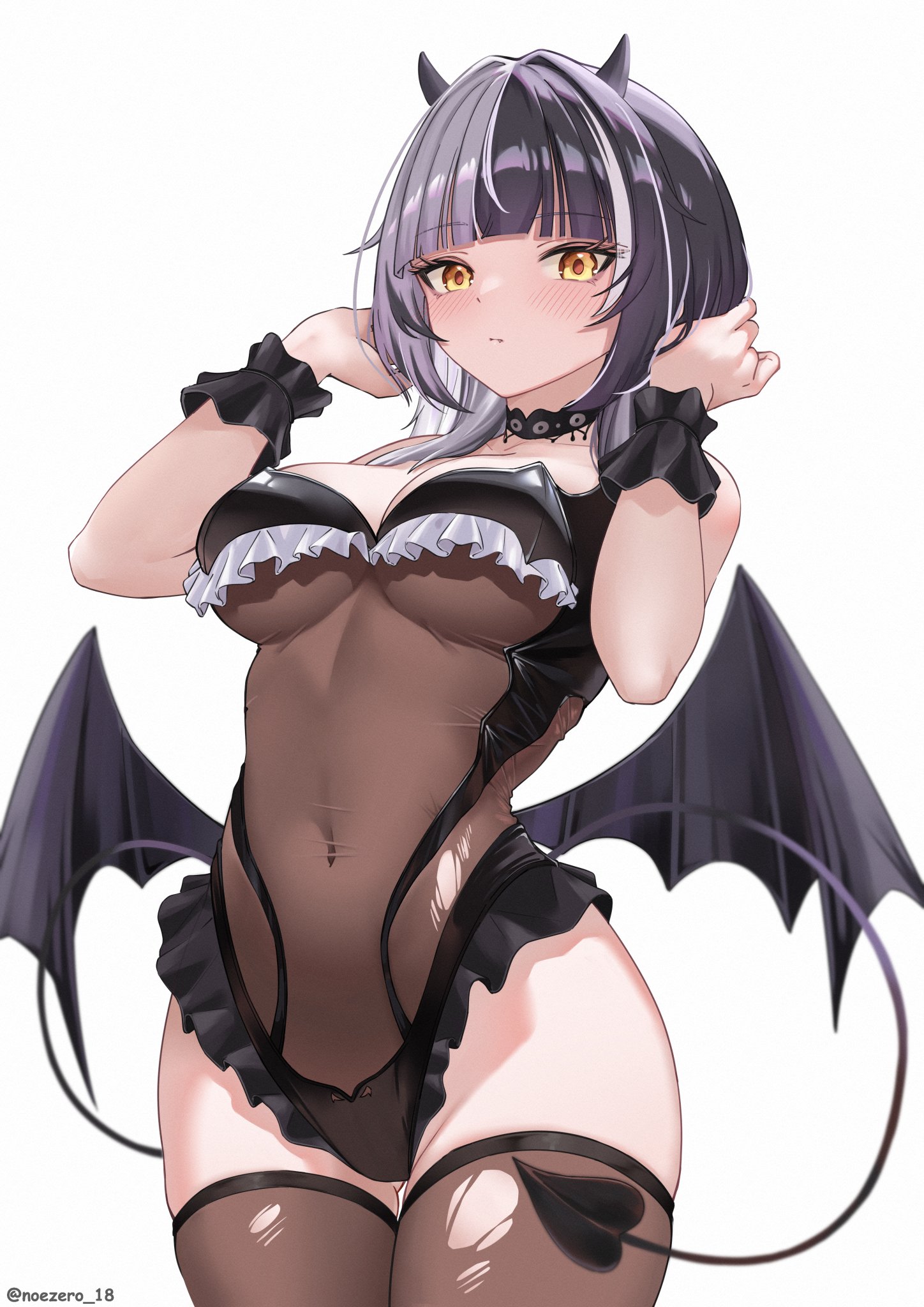 noeee, shiori novella, hololive, hololive english, commentary, highres, 1girl, alternate costume, black hair, black leotard, black thighhighs, blush, breasts, closed mouth, covered navel, cowboy shot, demon horns, demon tail, demon wings, frilled leotard, frills, grey hair, hands up, horns, large breasts, leotard, long hair, looking at viewer, low wings, multicolored hair, see-through clothes, see-through leotard, simple background, solo, split-color hair, standing, tail, thighhighs, torn clothes, torn leotard, torn thighhighs, twitter username, virtual youtuber, white background, wings, wrist cuffs, yellow eyes