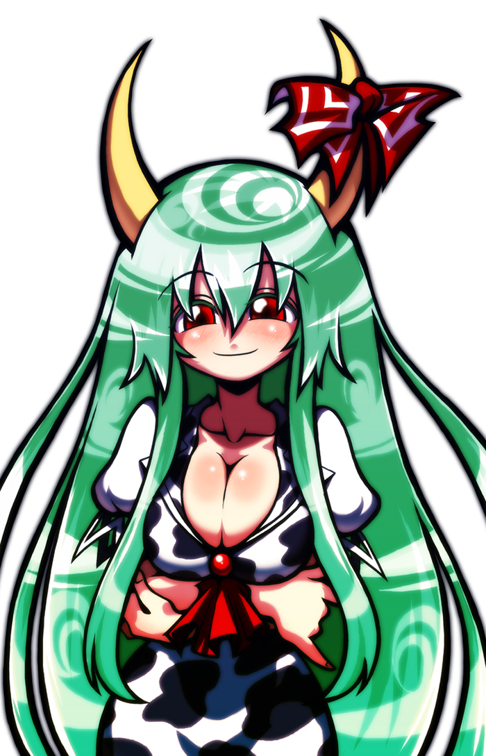 ichi (ichikai), ex-keine, kamishirasawa keine, touhou, 1girl, animal print, breasts, cleavage, cow print, dress, female focus, green hair, horns, large breasts, long hair, red eyes, ribbon, solo
