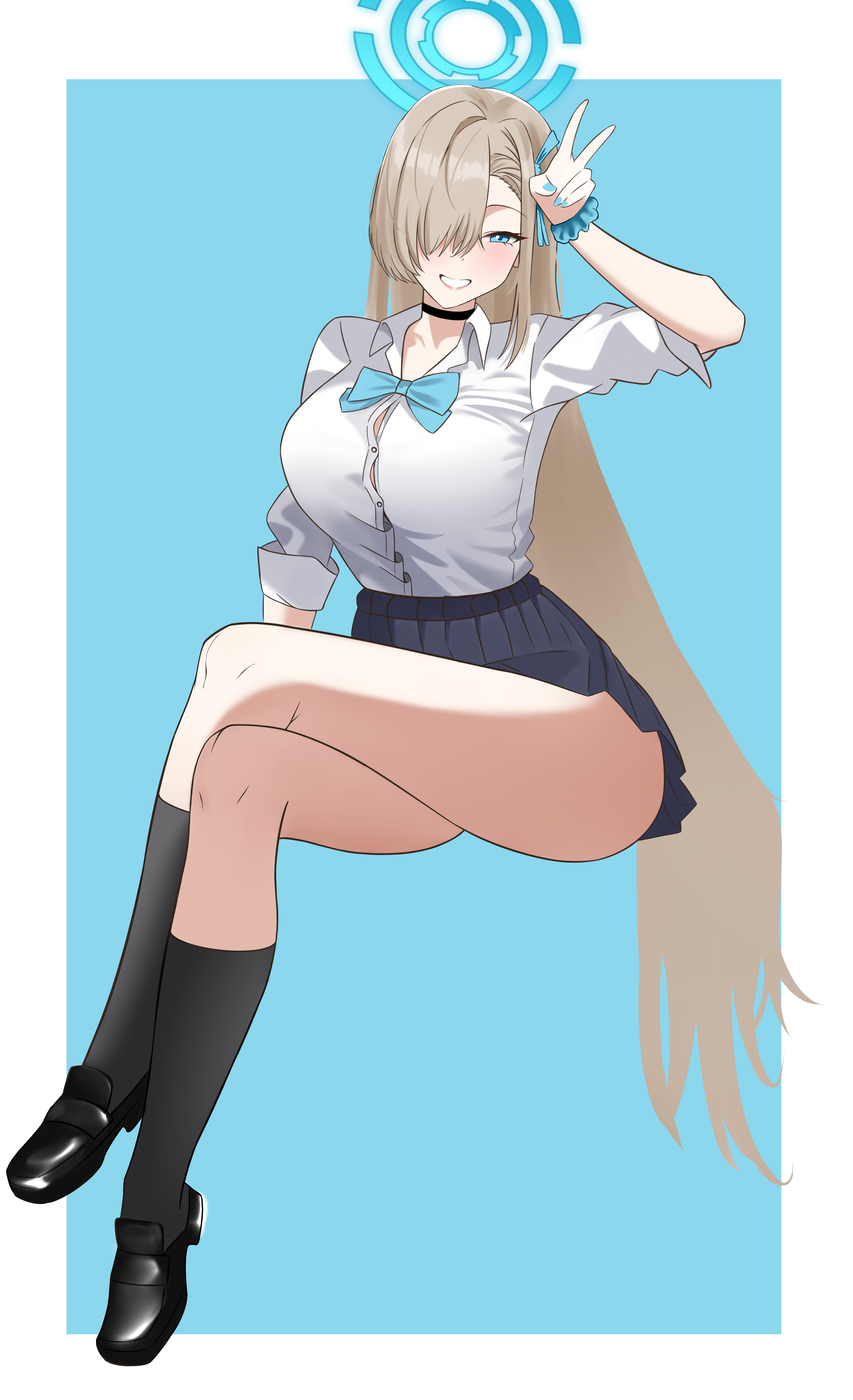 asuna (blue archive), asuna (school uniform) (blue archive), blue archive, absurdres, highres, 1girl, black shoes, black socks, blonde hair, blue bow, blue bowtie, blue halo, blue skirt, blush, bow, bowtie, breasts, choker, collarbone, crossed legs, grin, hair over one eye, hair ribbon, halo, large breasts, long hair, looking at viewer, onion fried20, pleated skirt, ribbon, scrunchie, shirt, shoes, sitting, skirt, sleeves rolled up, smile, socks, solo, thighs, very long hair, white shirt, wrist scrunchie
