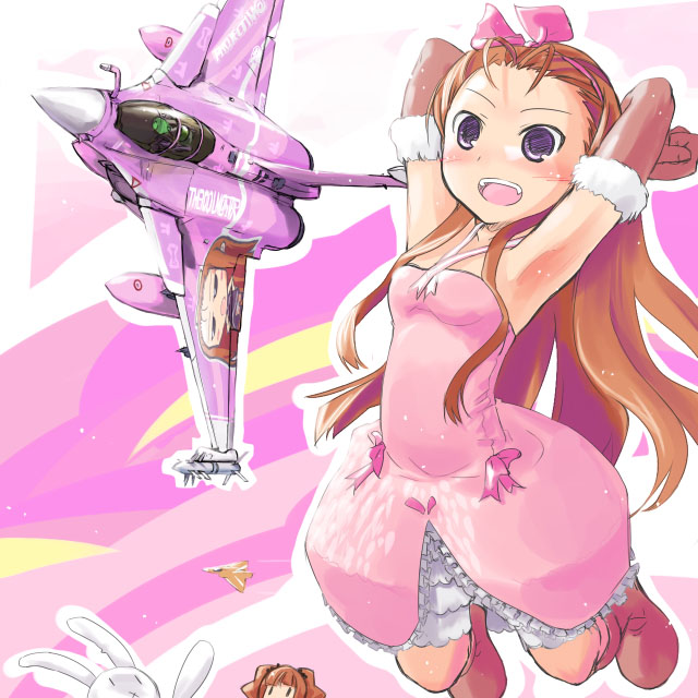mtr, minase iori, takatsuki yayoi, usa-chan, ace combat, idolmaster, idolmaster (classic), 00s, 2girls, aircraft, airplane, armpits, brown hair, company connection, cute & girly (idolmaster), fighter jet, itasha, military, military vehicle, multiple girls, rabbit, raffale m