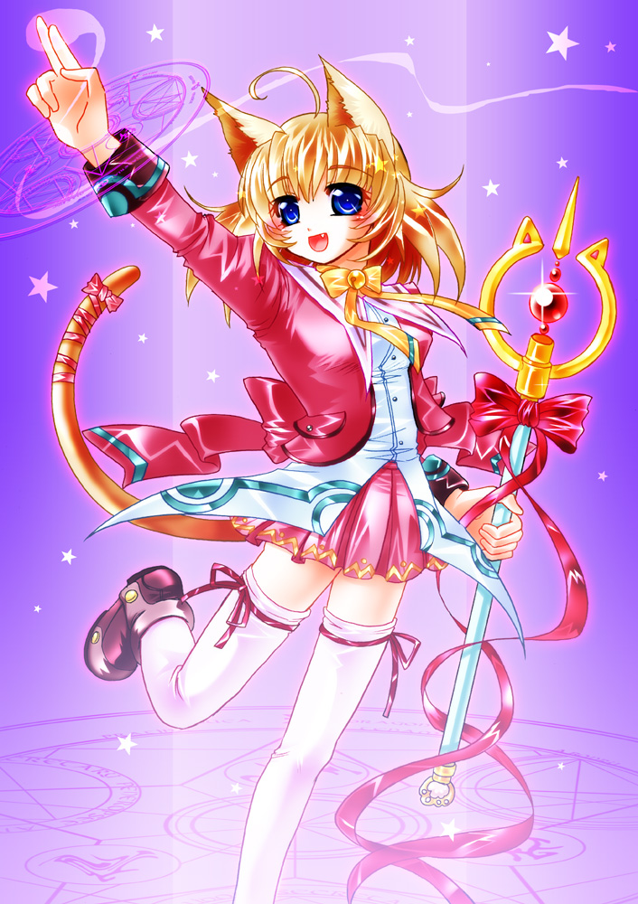 aoi uraraka, aoiuraraka, original, 1girl, ahoge, animal ears, blonde hair, blue eyes, cat ears, cat tail, fang, female focus, magic circle, magical girl, ribbon, skirt, solo, staff, star (symbol), tail, thighhighs