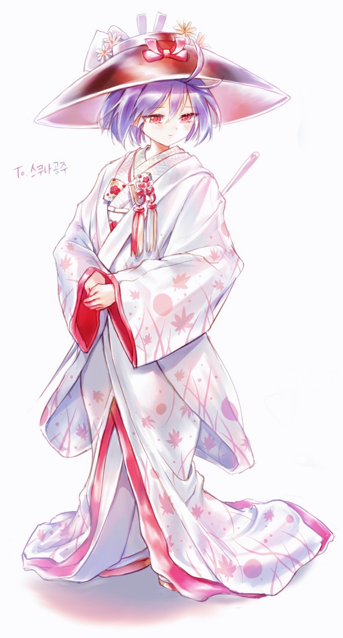 rhea (156latte), sukuna shinmyoumaru, touhou, commentary request, highres, 1girl, alternate costume, antenna hair, bow, bowl, bowl hat, flower, full body, gold sandals, hat, hat bow, hat flower, japanese clothes, kimono, leaf print, light smile, looking to the side, needle, own hands together, patterned clothing, purple hair, red bow, red eyes, red trim, sandals, shiromuku, short hair, simple background, solo, tassel, uchikake, weapon, weapon on back, white background, white kimono, yellow flower