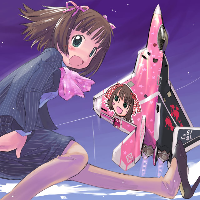 mtr, amami haruka, f-22, nonowa, ace combat, bandai namco, idolmaster, idolmaster (classic), namco, striped, 00s, 1girl, aircraft, airplane, company connection, cossack dance, cute & girly (idolmaster), female focus, fighter jet, formal clothes, itasha, military, military vehicle, pantyhose, pinstripe pattern, pinstripe suit, shoe dangle, solo, suit, vehicle focus