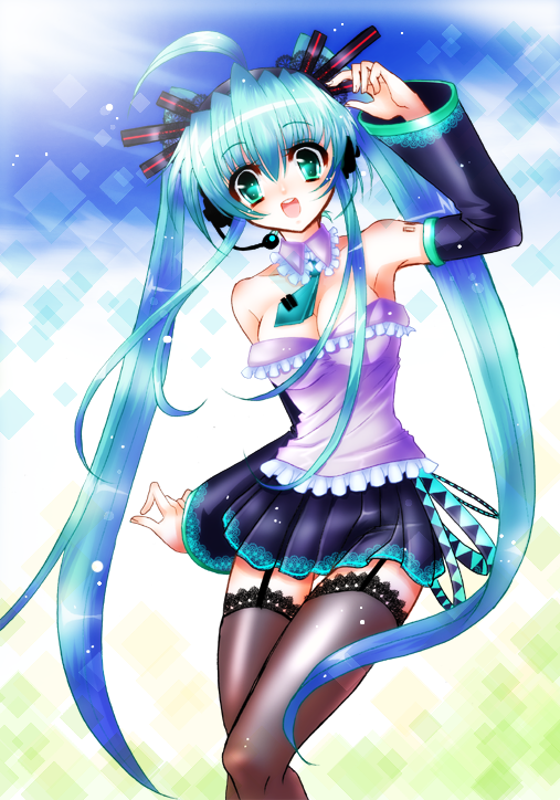 aoi uraraka, aoiuraraka, hatsune miku, vocaloid, lace-trimmed legwear, 1girl, aqua eyes, aqua hair, breasts, cleavage, detached sleeves, female focus, garter belt, headset, lace, lace trim, long hair, necktie, skirt, solo, thighhighs, twintails, very long hair, zettai ryouiki