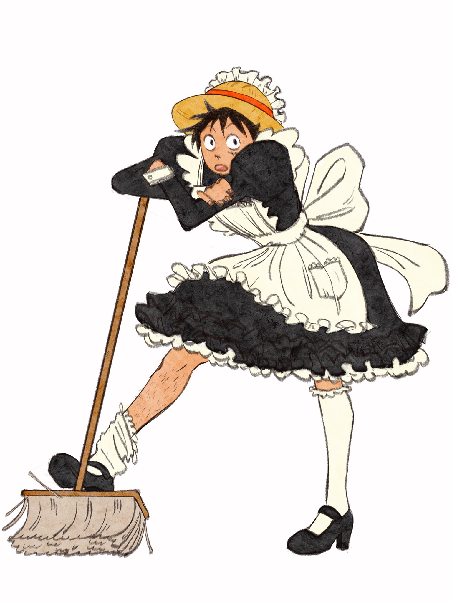 0000alisa, monkey d. luffy, one piece, commentary, english commentary, highres, 1boy, apron, black dress, black hair, black shoes, broom, crossdressing, crossdressing (mtf), crossed arms, dress, full body, hat, high heels, holding, holding broom, leg hair, looking at viewer, maid, maid apron, male focus, male maid, open mouth, scar, scar on face, shoes, short hair, solo, straw hat, thighhighs, white background, white thighhighs