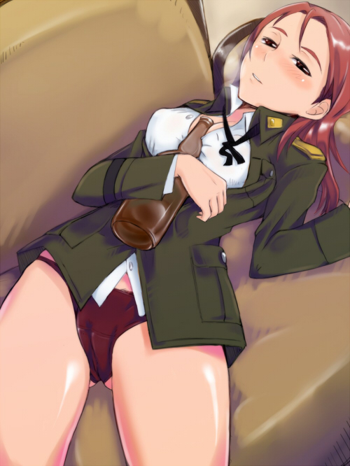em (totsuzen no hakike), minna-dietlinde wilcke, strike witches, world witches series, uniform, 00s, 1girl, alcohol, couch, drunk, female focus, long hair, lying, panties, red hair, solo, underwear