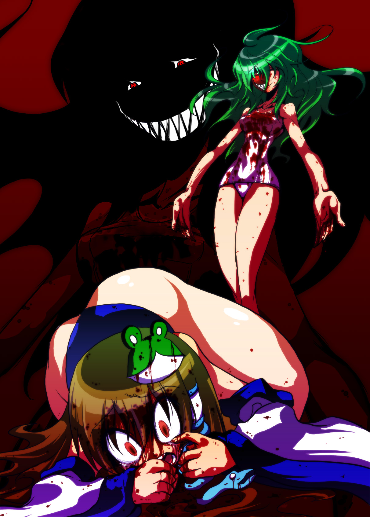 ichi (ichikai), kazami yuuka, kochiya sanae, touhou, highres, 2girls, ass, blood, crazy eyes, detached sleeves, evil grin, evil smile, female focus, frog, green hair, grin, long hair, multiple girls, one-piece swimsuit, red eyes, sadism, scared, school swimsuit, screaming, sharp teeth, smile, snake, swimsuit, tears, teeth, white one-piece swimsuit, white school swimsuit, wrestling, wrestling outfit, you gonna get raped