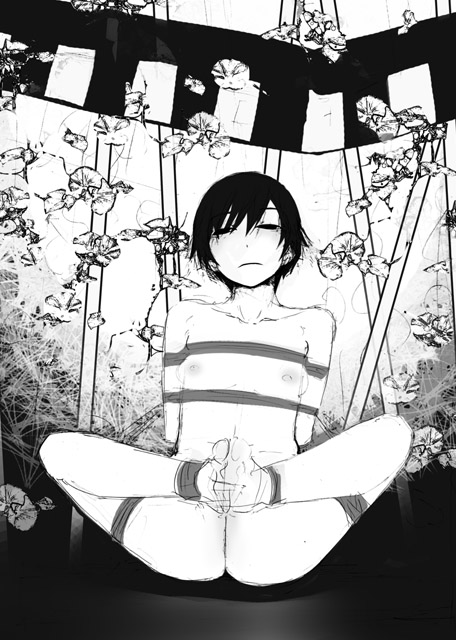 mashimi, shimimaru, bad id, bad pixiv id, 1girl, arms behind back, barefoot, bdsm, bondage, bound, breasts, cleft of venus, facing viewer, female focus, full cleft, greyscale, knees apart feet together, looking at viewer, monochrome, nipples, nude, on floor, rope, short hair, sitting, sketch, small areolae, small breasts, small nipples, solo