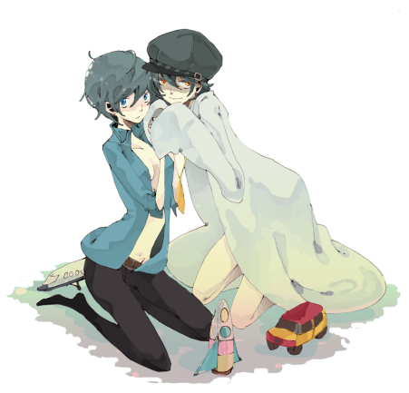 shadow (persona), shirogane naoto, atlus, persona, persona 4, looking away, lowres, 2girls, aircraft, airplane, androgynous, blue eyes, blue hair, dark persona, hat, holding hands, multiple girls, necktie, newsboy cap, open clothes, open shirt, reverse trap, shirt, short hair, smile, toy, yellow eyes