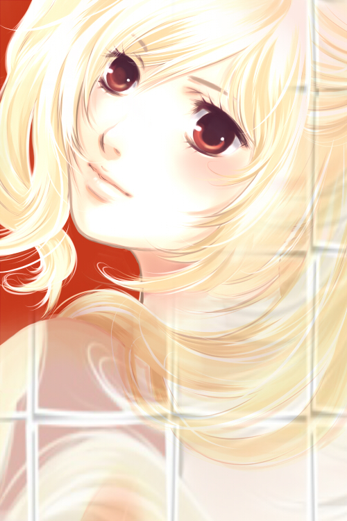 yuzuru saeki, bad id, bad pixiv id, blonde hair, blush, fence, lips, long hair, looking back, red eyes, solo