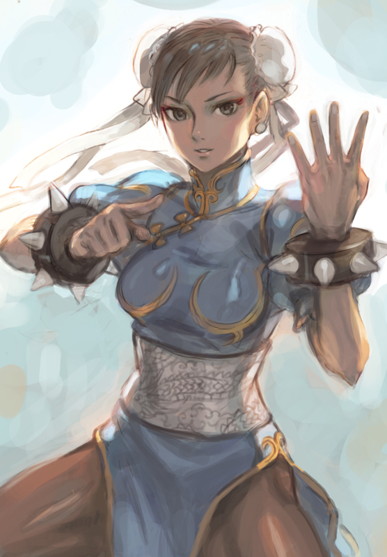 yakinasu, chun-li, capcom, street fighter, bad id, bad pixiv id, 1girl, bracelet, brown hair, bun cover, china dress, chinese clothes, double bun, dress, female focus, hair bun, jewelry, pantyhose, pelvic curtain, solo, spiked bracelet, spikes
