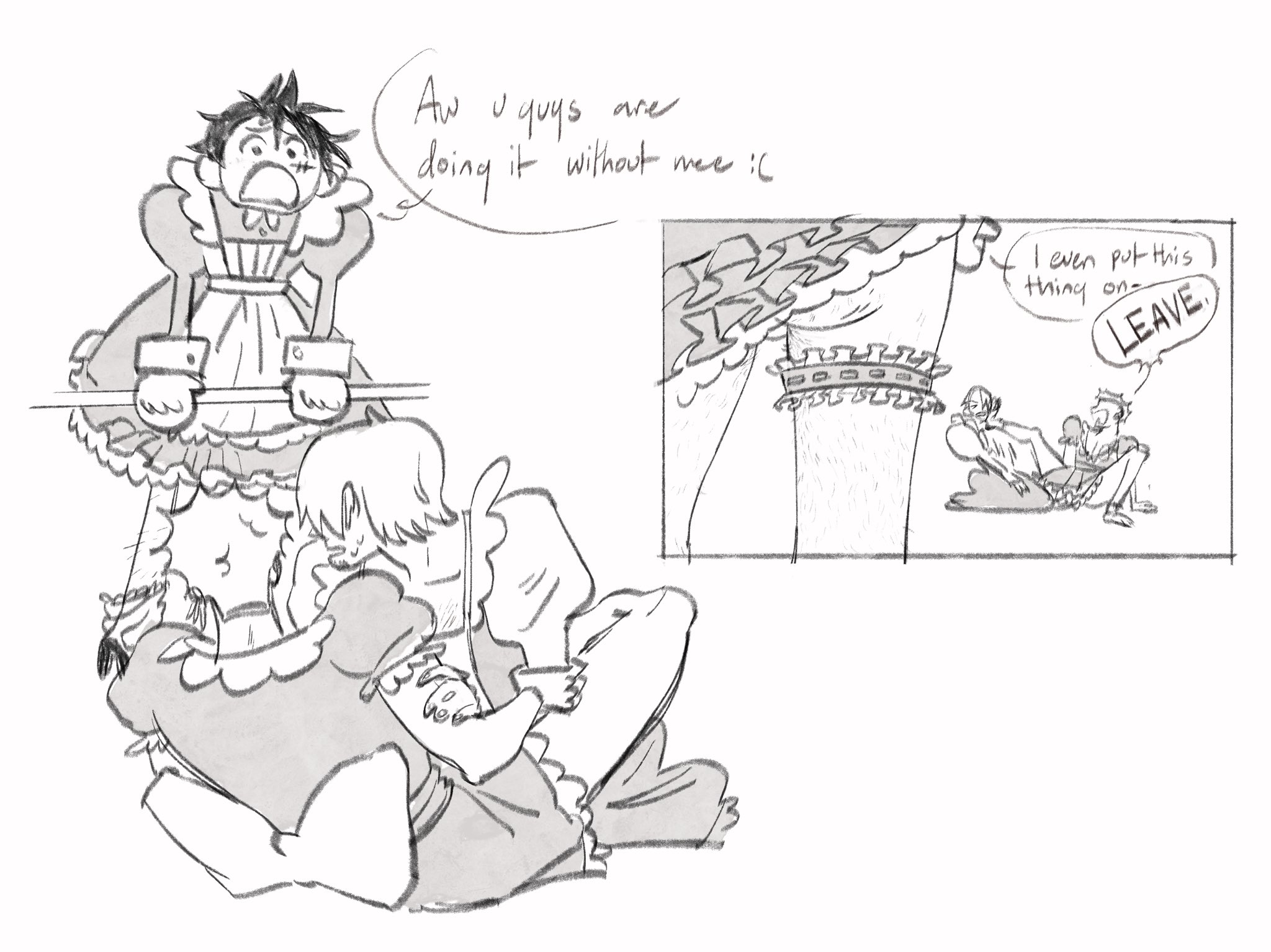 0000alisa, monkey d. luffy, roronoa zoro, sanji (one piece), one piece, commentary, english commentary, highres, 3boys, apron, crossdressing, crossdressing (mtf), english text, frilled thigh strap, greyscale, juliet sleeves, long sleeves, maid, male focus, male maid, monochrome, multiple boys, puffy short sleeves, puffy sleeves, scar, scar on face, short sleeves, speech bubble, thigh strap