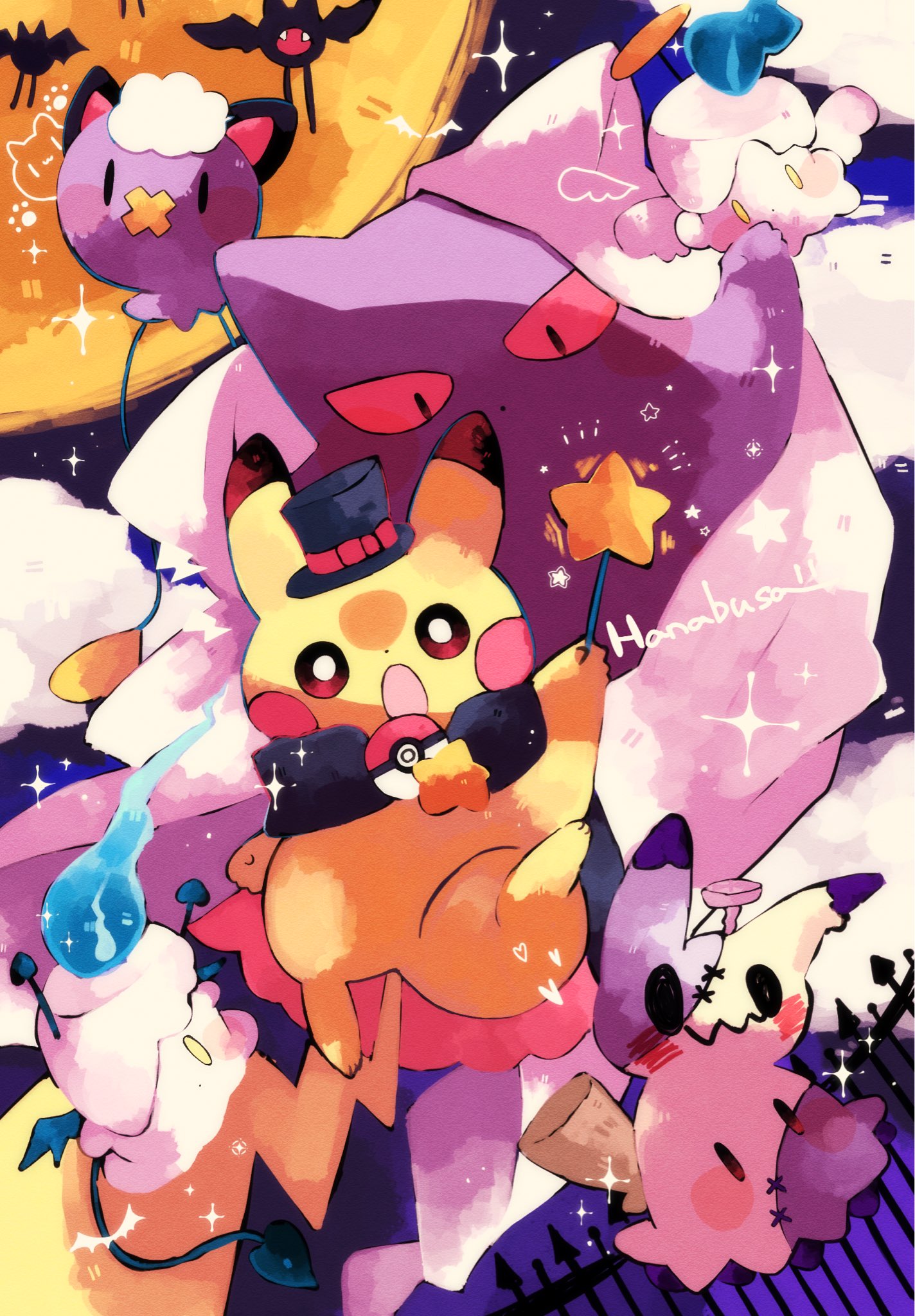 hanabusaoekaki, drifloon, gengar, litwick, mimikyu, pikachu, zubat, nintendo, pokemon, commentary request, highres, black eyes, brown eyes, colored sclera, gen 1 pokemon, gen 4 pokemon, gen 5 pokemon, gen 7 pokemon, halloween, halloween costume, hat, holding, holding wand, no humans, open mouth, pokemon (creature), red sclera, wand, yellow eyes